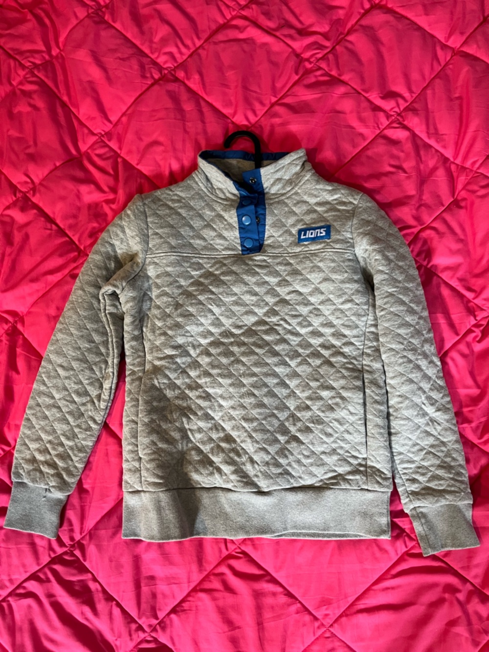 Lions Quilted Pullover Jacket - Gray with Blue Trim
